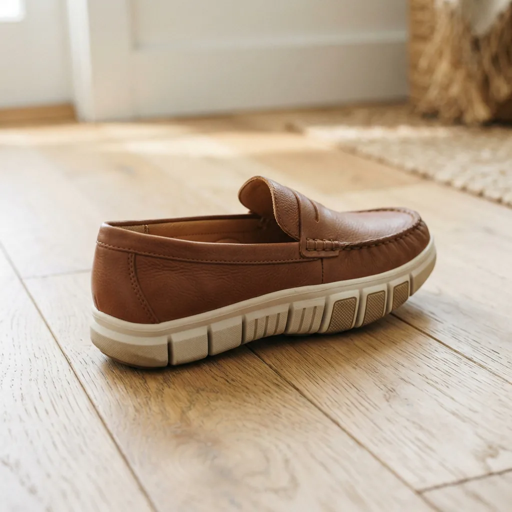 Close-up of an Easy Spirit loafer on a wooden floor, emphasizing soft materials and eFlex sole.