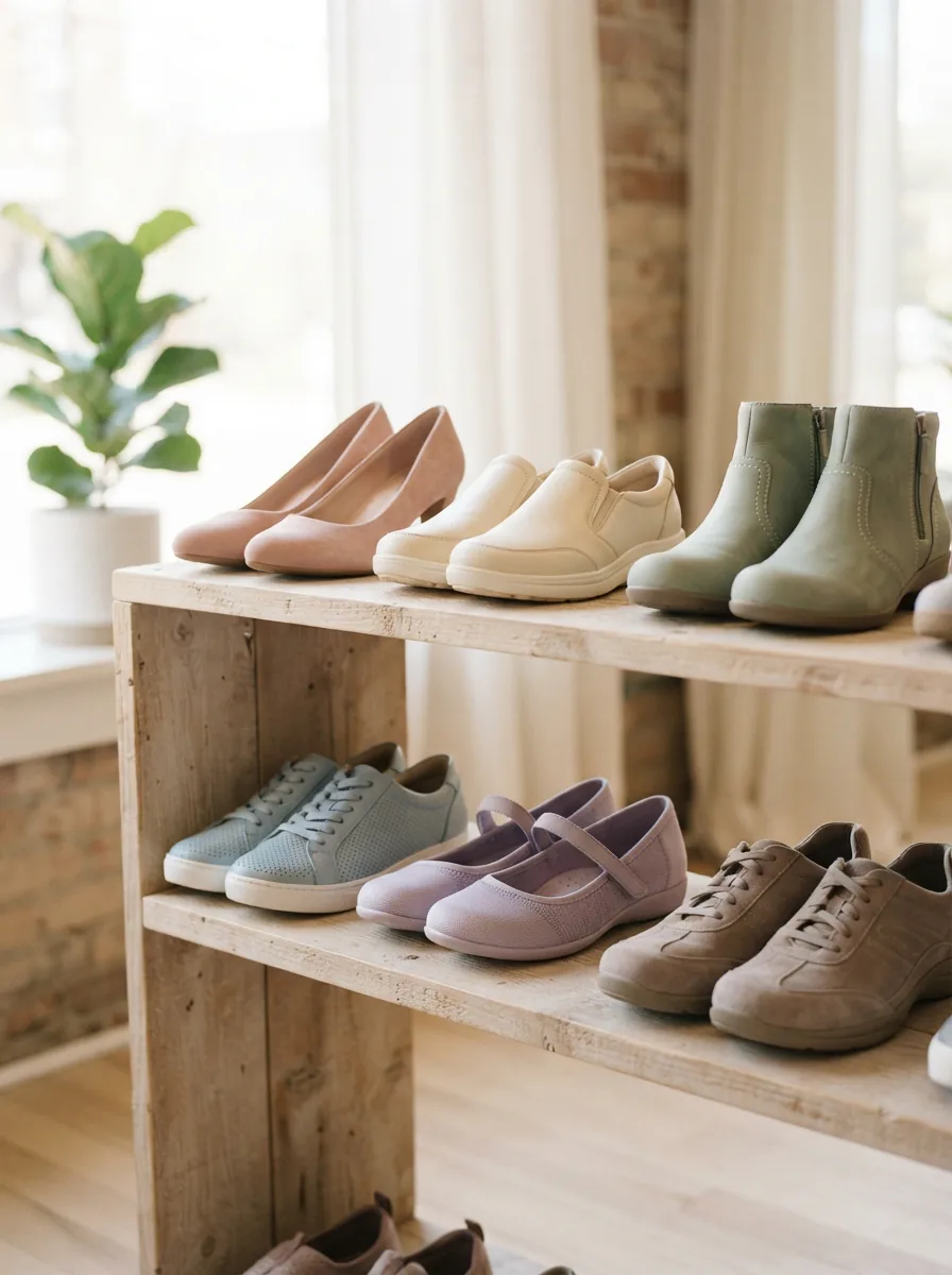 Easy Spirit women's shoes styled on a modern shelf
