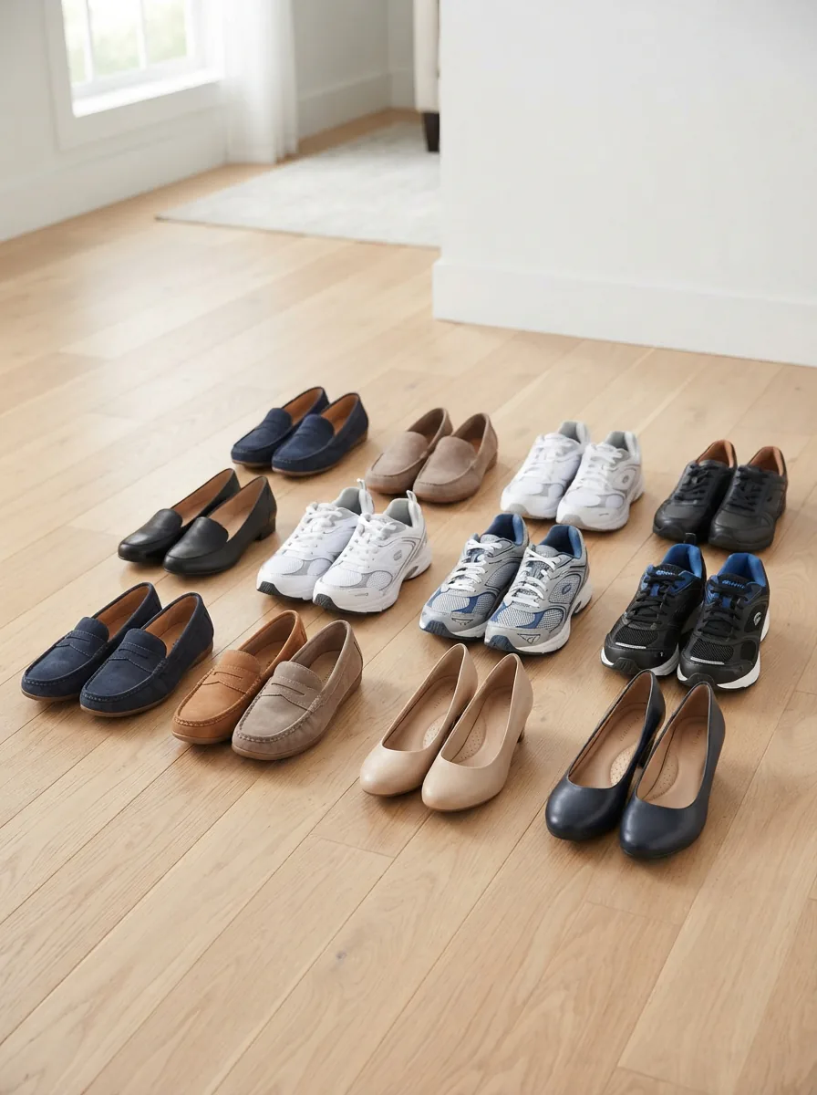 Assortment of Easy Spirit shoes arranged on a light wooden surface
